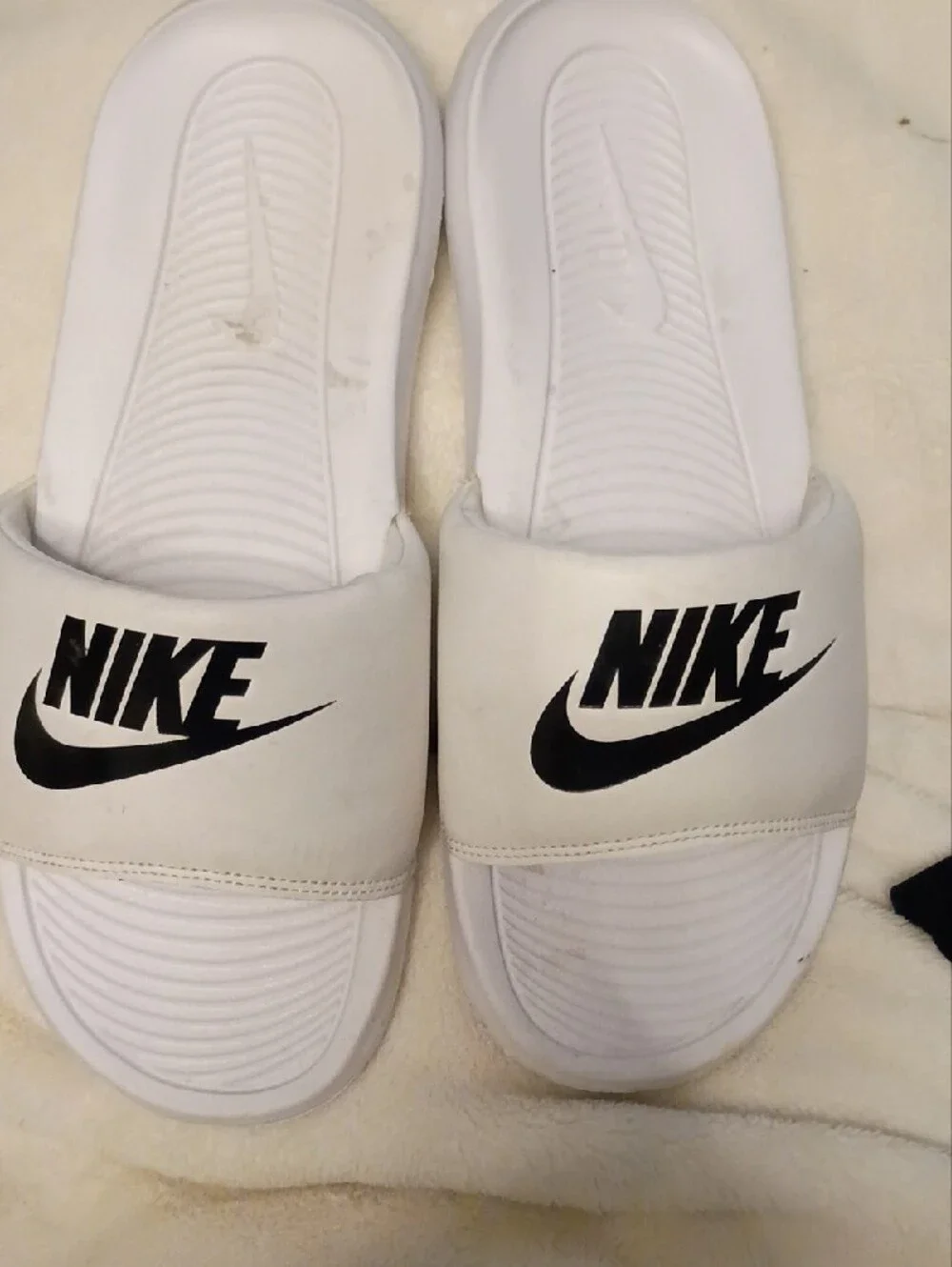 Nike White Slide Sandals with Black Logo Swoosh